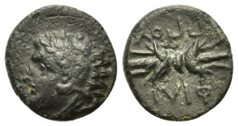 Kings of Macedon. Philip II (359-336 BC). Æ Quarter Unit (12mm, 1.27g). Uncertain mint. Head of Herakles left, wearing lion skin. R/ ΦΙΛΙ ΠΠΟΥ Thunder...