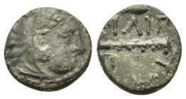 Kings of Macedon. Philip II (359-336 BC). Æ Quarter Unit (11mm, 1.00g). Uncertain mint. Head of Herakles right, wearing lion skin. R/ΦΙΛΙΠ ΠΟΥ Club; Λ...