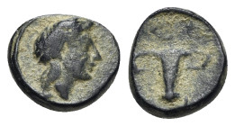 Thrace, Uncertain, c. 4th-3rd century BC. Æ (11mm, 1.43g, 3h). Head of Apollo r. R/ Two-handled cup. VF