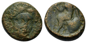 Thessaly, Gomphi-Philippopolis, c. 350-300 BC. Æ (17,2mm, 7.44g). Head of Hera facing slightly r., wearing stephane. R/ Zeus seated left on rocks, hol...