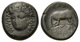 Thessaly, Larissa, c. 356-342 BC. Æ (16,2mm, 4.62g). Head of the nymph Larissa three-quarter facing l., wearing plain necklace, drop earrings and ampy...