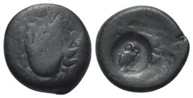 Thessaly, Larissa, c. 356-342 BC. Æ (20mm, 6.74g). Head of the nymph Larissa facing slightly l., hair in ampyx. R/ Horse prancing(?); c/m: owl standin...