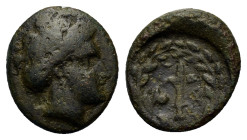 Thessaly, Larissa Kremaste, c. 302-286 BC. Æ (12,1mm, 1.62g). Head of nymph r. R/ Harpa within wreath. Rogers 317; BCD Thessaly I –; BCD Thessaly II 4...