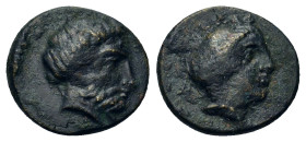 Thessaly, Phalanna, c. 3rd quarter of the 4th century BC. Æ (15mm, 2.78g). Head of Zeus Peloris r. R/ ΦAΛAN from the top, l. down retrograde, head of ...