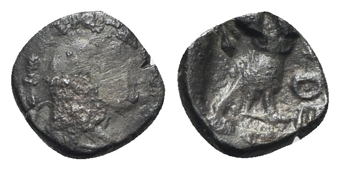 Attica, Athens, c. 454-404 BC. AR Obol (10mm, 0.75g, 3h). Helmeted head of Athen...