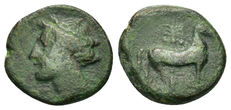 Carthage, c. 400-350 BC. Æ (15mm, 2,8g). Wreathed head of Tanit l. R/ Horse stan...