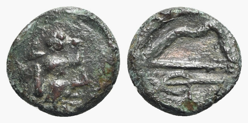 Uncertain mint, c. 2nd-1st century BC. Æ (12mm, 1.41g, 12h). Head r. R/ Bow and ...