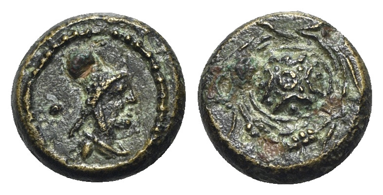 Uncertain mint, c. 2nd-3rd century AD. Æ (11mm, 1.74g). Helmeted and draped bust...