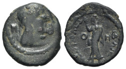 Nabataea, Aretas IV (9 BC-AD 40). Æ (20mm, 3.79g, 12h). Petra, year 6 (4/3 BC). Laureate head r. R/ Female figure (Huldu?) standing l., raising hand. ...