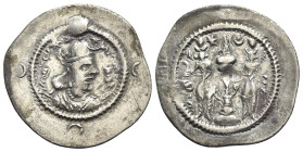 Sasanian Kings, Vahrām (Bahram) VI (AD 590-591). AR Drachm (30mm, 3.80g, 3h). AY (Ērān-xvarrah-Šābuhr [Susa]). Bust r., wearing mural crown with front...