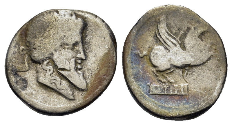 Q. Titius, Rome, 90 BC. AR Denarius (18,3mm, 3.7g). Bearded head of Mutinus Titi...