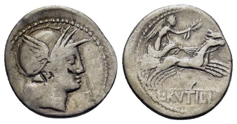 L. Rutilius Flaccus, Rome, 77 BC. AR Denarius (19,3mm, 3.6g). Helmeted head of R...