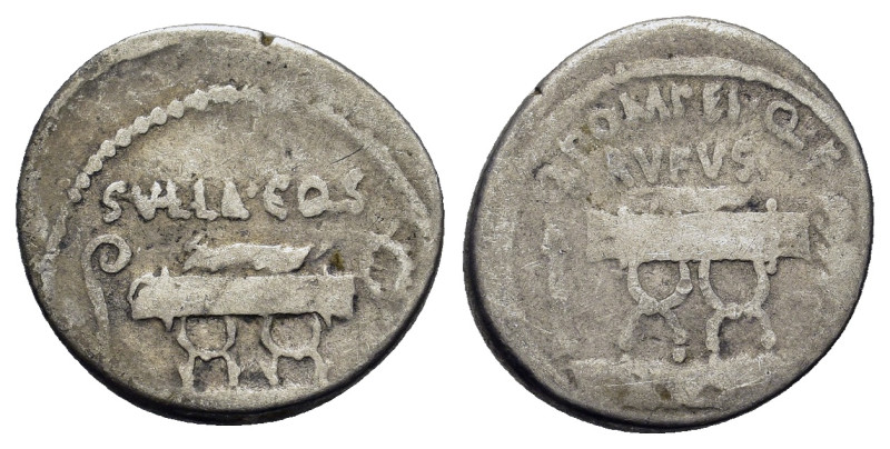 Q. Pompeius Rufus, Rome, 54 BC. AR Denarius (19mm, 2.50g, 12h). Curule chair fla...