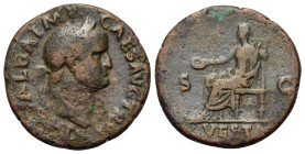 Galba (68-69). Æ As (28,2mm, 11mm). Rome, June-August AD 68. Laureate and draped bust r. R/ Vesta seated l., holding patera and palladium. RIC I 307.