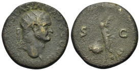 Vespasian (69-79). Æ Dupondius (27mm, 11.8g). Lugdunum, AD 71. Radiate head r. R/ Victory flying l. carrying shield inscribed SPQR. RIC II 1154.
