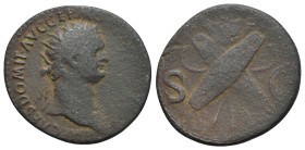 Domitian (81-96). Æ Dupondius (27mm, 8.49g, 6h). Rome, AD 85. Radiate bust r. R/ Two oblong shields, crossed over crossed trumpets and spears, and vex...