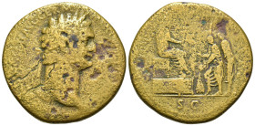 Domitian (81-96). Æ Sestertius (34,5mm, 21.2g). Rome, AD 88. Laureate head r. R/ Domitian seated r. on platform, approached by two citizens with open ...