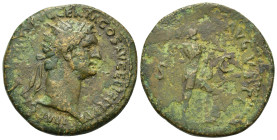 Domitian (81-96). Æ Dupondius (29mm, 11.5g). Rome, AD 92-94. Radiate head r. R/ Virtus standing r., foot on helmet, holding spear and parazonium. RIC ...