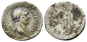 Trajan (98-117). AR Denarius. Rome, AD 107. Laureate head r., slight drapery on far shoulder. R/ Spes advancing l., holding flower and lifting skirt. ...