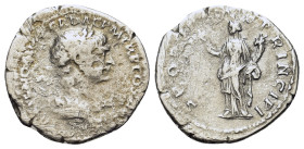 Trajan (98-117). AR Denarius (19,7mm, 2.6g). Rome, 106-7. Laureate bust r., slight drapery. R/ Felicitas standing l., holding caduceus and cornucopia....