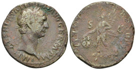 Trajan (98-117). Æ As (27,2mm, 10.66g). Rome, AD 101-2. Laureate head r. R/ Victory flying l., holding shield inscribed SP/QR and palm branch. RIC 434...