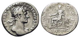Hadrian (117-138). AR Denarius (18,4mm, 3.47g). Rome, AD 118. Laureate, draped and cuirassed bust r. R/ Concordia seated l., holding patera, resting h...