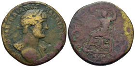 Hadrian (117-138). Æ Sestertius (33,6mm, 22.9g). Rome, AD 119. Laureate bust r., drapery on l. shoulder, R/ Jupiter seated l., holding Victory and sce...