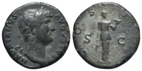 Hadrian (117-138). Æ As (25mm, 9.88g, 6h). Rome, 125-8. Laureate bust r., slight drapery. R/ Fides standing facing, head r., holding grain ears and pl...