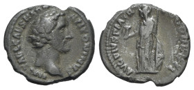 Antoninus Pius (138-161). AR Denarius (18mm, 2.18g, 6h). Rome, AD 138. Bare head r. R/ Minerva standing l., holding Victory and shield set on ground; ...
