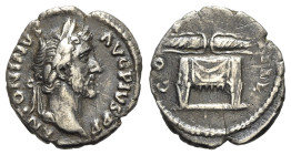 Antoninus Pius (138-161). AR Denarius (18mm, 2.46g, 6h). Rome, 145-7. Laureate head r. R/ COS IIII, winged thunderbolt on draped throne. RIC III 137; ...