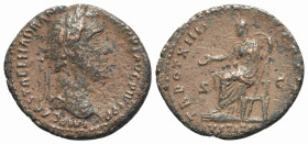 Antoninus Pius (138-161). Æ As (27mm, 7.98g, 6h). Rome, 150-1. Laureate head r. R/ Justitia seated l., holding patera and sceptre. RIC III 881. Brown ...