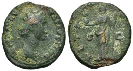 Diva Faustina Senior (died AD 140/1). Æ As (26,1mm, 9.95g). Rome. Draped bust r. R/ Aeternitas standing l., holding globe and sceptre. RIC 1163a (Pius...