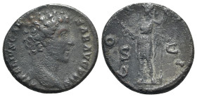 Marcus Aurelius (Caesar, 139-161). Æ As (26mm, 8.84g, 6h). Rome, AD 145. Bare head r. R/ Virtus standing l., holding parazonium and spear. RIC III 125...