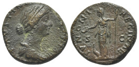 Faustina Junior (Augusta, 147-175). Æ As (24mm, 12.42g, 12h). Rome, 161-4. Draped bust r., band of pearls in hair. R/ Juno standing l., holding patera...