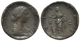 Lucilla (Augusta, 164-182). Æ Sestertius (30mm, 25.47g, 12h). Rome, c. 164-9. Draped bust r. R/ Pietas standing l., holding acerrum and extending hand...