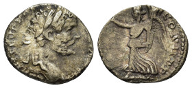 Septimius Severus (193-211). AR Denarius (16,5mm, 2.84g). Rome, 195-6. Laureate head r. R/ Victory standing l., holding wreath and trophy. RIC 64.