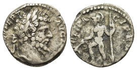 Septimius Severus (193-211). AR Denarius (15mm, 2.54g). Rome. Laureate head r. R/ Mars standing l., holding olive branch and spear. RIC 113.