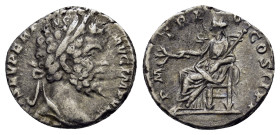Septimius Severus (193-211). AR Denarius (17mm, 2.95g). Laodicea, AD 196-197. Laureate head right / P M TR P V COS II P P, Pax seated left, holding ol...