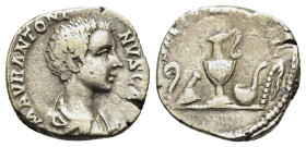 Caracalla (Caesar, 196-198). AR Denarius (17,3mm, 2.75g). Bare-headed, draped bust r. R/ Priestly implements: lituus, axe, jug, simpulum and sprinkler...