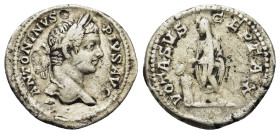 Caracalla (198-217). AR Denarius (19,6mm, 3g). Rome, AD 206. Laureate head r. R/ Caracalla standing l. togate, sacrificing from patera over altar. RIC...