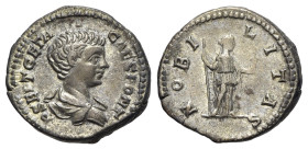 Geta (Caesar, 198-209). AR Denarius (19mm, 3.50g, 12h). Rome, c. 200-5. Bareheaded and draped bust r. R/ Nobilitas standing r., holding sceptre and pa...