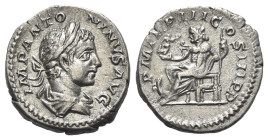 Elagabalus (218-222). AR Denarius (18mm, 2.89g, 6h). Rome, 219-220. Laureate and draped bust r. R/ Jupiter seated l. on throne, holding sceptre and vi...