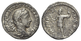 Severus Alexander (222-235). AR Denarius (19mm, 2.42g, 12h). Rome, AD 223. Laureate and draped bust r. R/ Mars standing facing, head l., holding olive...
