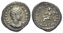 Julia Mamaea (Augusta, 222-235). AR Denarius (21mm, 2.89g, 1h). Rome, AD 230. Draped bust r., wearing stephane. R/ Felicitas seated l. on chair, holdi...