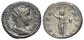 Gordian III (238-244). AR Antoninianus (22mm, 4.59g, 6h). Rome, 241-3. Radiate, draped and cuirassed bust r. R/ Sol standing facing, head l., extendin...
