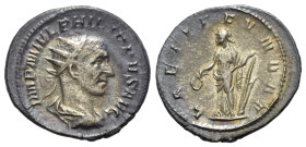 Philip I (244-249). AR Antoninianus (23mm, 3.90g, 12h). Rome, AD 244. Radiate, draped and cuirassed bust r. R/ Laetitia standing l., holding wreath an...