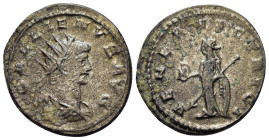 Gallienus (253-268). BI Antoninianus (21,2mm, 3.9g). Antioch, AD 266-267 AD. Radiate, draped, and cuirassed bust r. R/ Venus standing l., leaning on s...