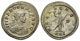 Probus (276-282). Æ Radiate (22,6mm, 3.2g). Siscia. Radiate, draped, and cuirassed bust l., holding spear and shield. R/ Pax standing l., holding bran...