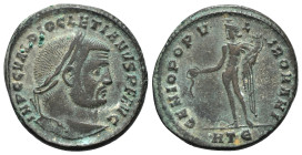 Diocletian (284-305). Æ Follis (28.5mm, 10.64g, 6h). Heraclea, c. 296-7. Laureate head r. R/ Genius standing l., holding patera and cornucopiae; HTЄ. ...