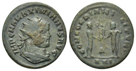 Maximianus (286-305). Æ Antoninianus (21,5mm, 4g). Cyzicus. Radiate and draped bust r. R/ The Emperor standing r., holding transverse sceptre, receivi...